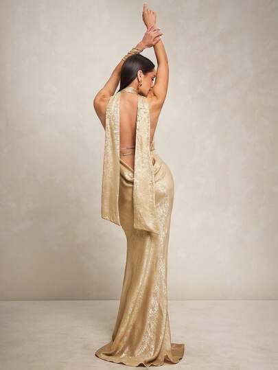 Silquee Vestido largo de sirena con cintura ceñida, escote halter y espalda descubierta, elegante para mujer. Adecuado para vacaciones, playa, citas, salidas nocturnas, fiestas y uso diario elegante.