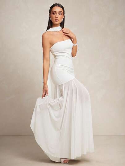 Silquee Vestido de mujer de Body con efecto de malla transparente y escote bandeau, con falda de sirena. Incluye bufanda para atar. Vestido sexy y elegante adecuado para cóctel, cita romántica, fiesta, vacaciones en la playa, discoteca