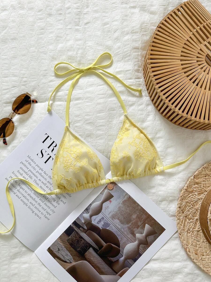 Swim Mod 2026SS新款女裝泳衣，適合度假、約會、西式風、郵輪、海灘、島嶼、公路旅行、四季、音樂節、波西米亞度假、波西米亞風度假，黃色蕾絲甜美可愛復古休閒海灘度假女裝泳衣上衣，黃色比基尼，黃色泳衣，檸檬比基尼兩件式泳衣，比基尼上衣與泳褲，黃色兩件式泳衣套裝，檸檬泳衣海灘1件套，黃色女裝泳衣兩件套，女裝比基尼套裝，泳衣1件套，女裝海灘穿搭1件套，比基尼，度假替代穿搭女裝比基尼