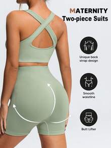 SHEIN Maternity Simple Solid Color Cross-Back Sports Bra And High-Waisted Shorts Set,Word Cup - Green - View 2