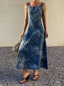 DAZY 无袖牛仔连衣裙，女士方领收腰长款牛仔连衣裙 - 藍色 - 查看 4