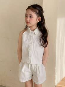 DAZY Bộ đồ mùa hè cho bé gái, kiểu dáng đơn giản, màu trơn, không tay và quần short denim rộng rãi, thích hợp đi làm hàng ngày. - trắng - Xem 3