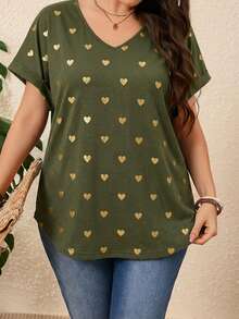 EMERY ROSE 女士加大码爱心印花V领蝙蝠袖短袖T恤，夏季度假休闲上衣 - 軍綠色 - 查看 6