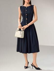 Đầm denim in họa tiết, xếp ly, bất đối xứng, cài nút, kiểu dáng thanh lịch mới, eo thon, có nếp gấp. - Màu xanh hải quân - Xem 5