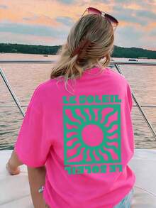 SHEIN LUNE Plus Size Graphic Print Casual Loose Fit Round Neck Short Sleeve T-Shirt - Hot Pink - View 2