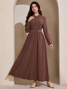 Graceveil Đầm dài tay cổ bẻ buộc dây màu cà phê dành cho nữ, kiểu dáng thường ngày. - Cà phê nâu - Xem 1