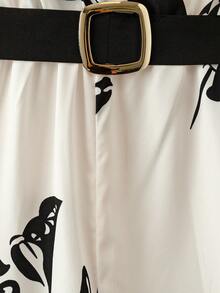 Franclia 女士时尚独特树叶印花撞色拼接无袖阔腿裤，百搭实用，适合春夏穿着 - 杏色 - 查看 4