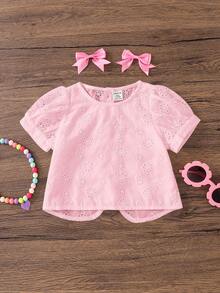 Emery Rose Kids Emery Rose Kids 女婴休闲简约舒适圆领泡泡袖镂空刺绣上衣，适合日常穿着和开学季，粉色女婴夏季衬衫 - 粉色 - 查看 8
