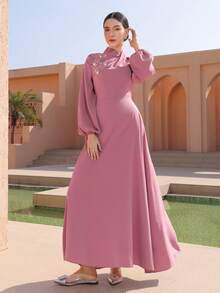 Graceveil Elegant Stand Collar Cinched Waist Flared Long Sleeve Applique Dress For Women - Pink - View 4