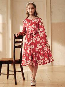 SHEIN Tween Girls Floral Print Elastic Ruffle Hem Dress, Suitable For Daily Outings And Vacation - Red - View 4