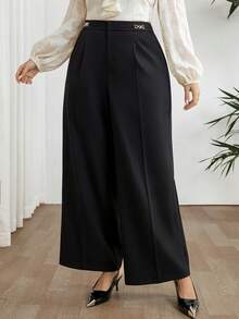Modelyn Pantalones de pierna ancha de unicolor versátiles y de moda para tallas grandes - Negro - Ver 8