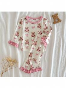 Loomiva Conjunto de 2 piezas de top de manga larga de cuello redondo y pantalones de cintura elástica con estampado de animales de dibujos animados para bebé niña - Rosa - Ver 6