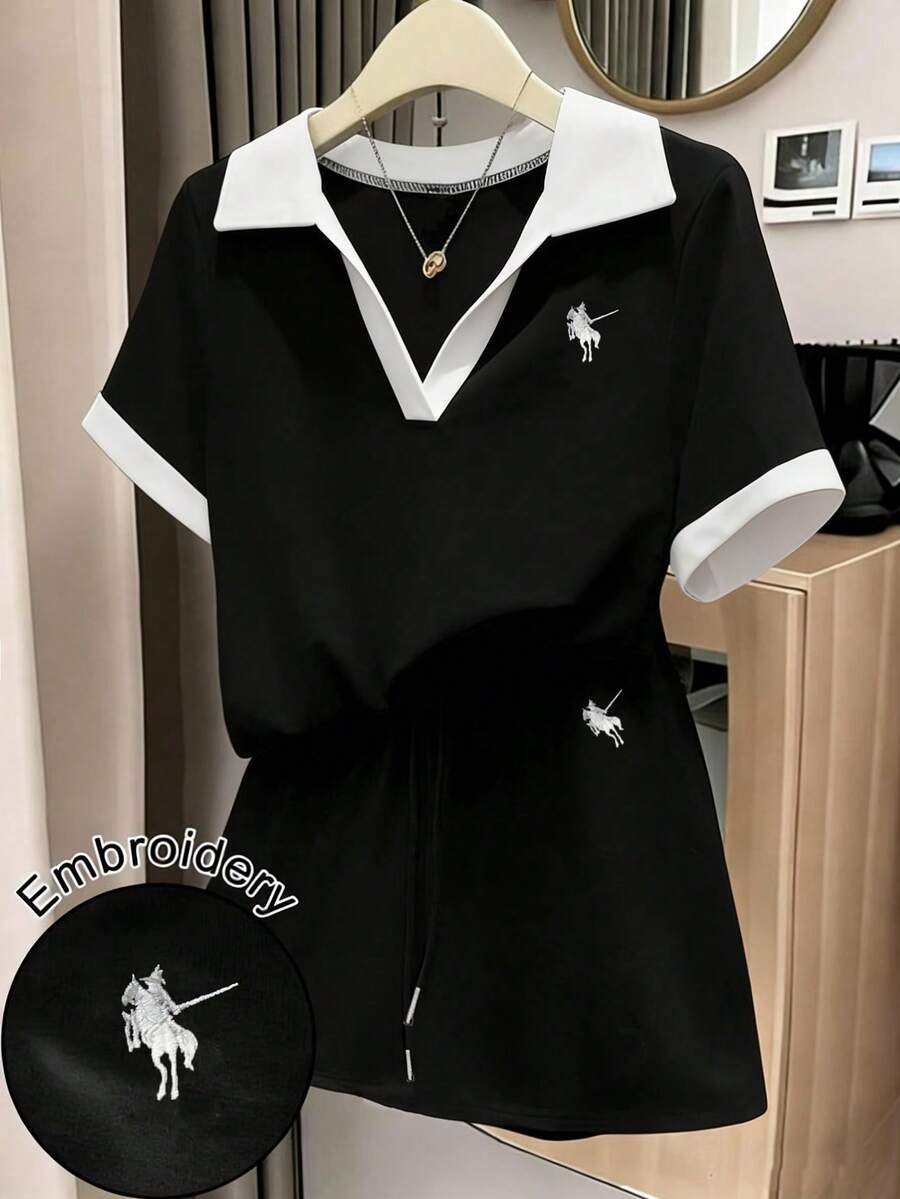 GlowEve 2 piezas Conjunto de top de manga corta y shorts de color contrastante para mujer - Blanco y Negro - Ver 1