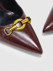 CUCCOO BIZCHIC Women Shoes Spring Summer Metal Buckle Decorative Pointed Buckle Slender Heel 9cm Women's High Heel Shoes Solid Color Commuter Dating Daily Holiday Shoes - Burgundy oily skin - View 7