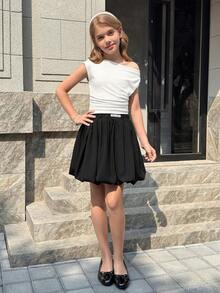 SHEIN Tween Girls'black And White Short Sleeve T-Shirt Set,Summer Tea Party Colorblock Energetic Design Comfortable Fabric Matching Skirt,Campus Casual - Black and White - View 5