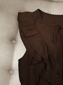 Franclia 大码无袖荷叶边优雅度假连衣裙，春夏款 - 咖啡棕 - 查看 4