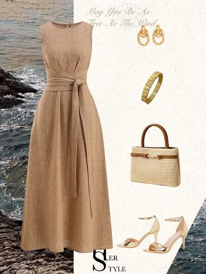 Ellevyn Women's Solid Color Round Neck Waist Tie Elegant Sleeveless Dress Spring Summer Vacation Women's Day Elegant Lightweight Breathable Work Wear Gift For Mom A-Line Festival Outfit Beach Date Night ,Summer Dress