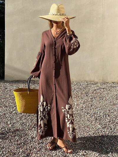 Women's V-Neck Cinched Waist Waist Bohemian Print Long Sleeve Dress, Elegant Holiday Style Sundress Boho
