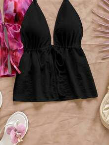 Soleia Bộ 2 áo hai dây cổ yếm buộc dây, kiểu dáng thanh lịch, đa năng, màu hồng fuchsia ấm áp với họa tiết trừu tượng và màu đen trơn, thoải mái cho mùa xuân/hè. - Nhiều màu - Xem 5