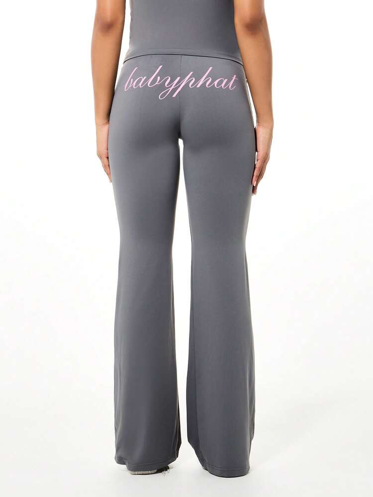 BABYPHAT Wide Leg High Rise Flare Pants With Pink Script Logo Print Fashion Statement Palazzo Trousers For Casual Everyday Comfort Style