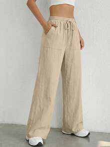 SHEIN EZwear 女士春夏新款杏色梭织休闲日常通勤简约纯色抽绳腰宽松阔腿裤 - 杏色 - 查看 6