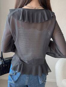 FRIFUL Áo sơ mi nữ tay dài chất liệu chiffon mỏng, cổ tròn, dáng suông, có bèo nhún và dây buộc. - màu đen - Xem 5