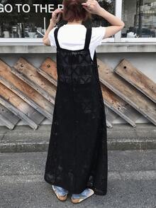 FRIFUL 女士蕾丝刺绣背带裙纯色连衣裙，适合春季至夏季穿着的吊带裙 - 黑色 - 查看 7