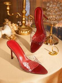 CUCCOO TILAWA Red Rhinestone Transparent Strap Sandals, Sexy Bridal High Heel Shoes, Fashionable Open Toe Slip-On Sandals For Women - Red - View 1