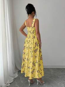 Elenzga Latest Floral Elegant Waist Shirred Long Dress For Women, Spring/Summer - Yellow - View 2