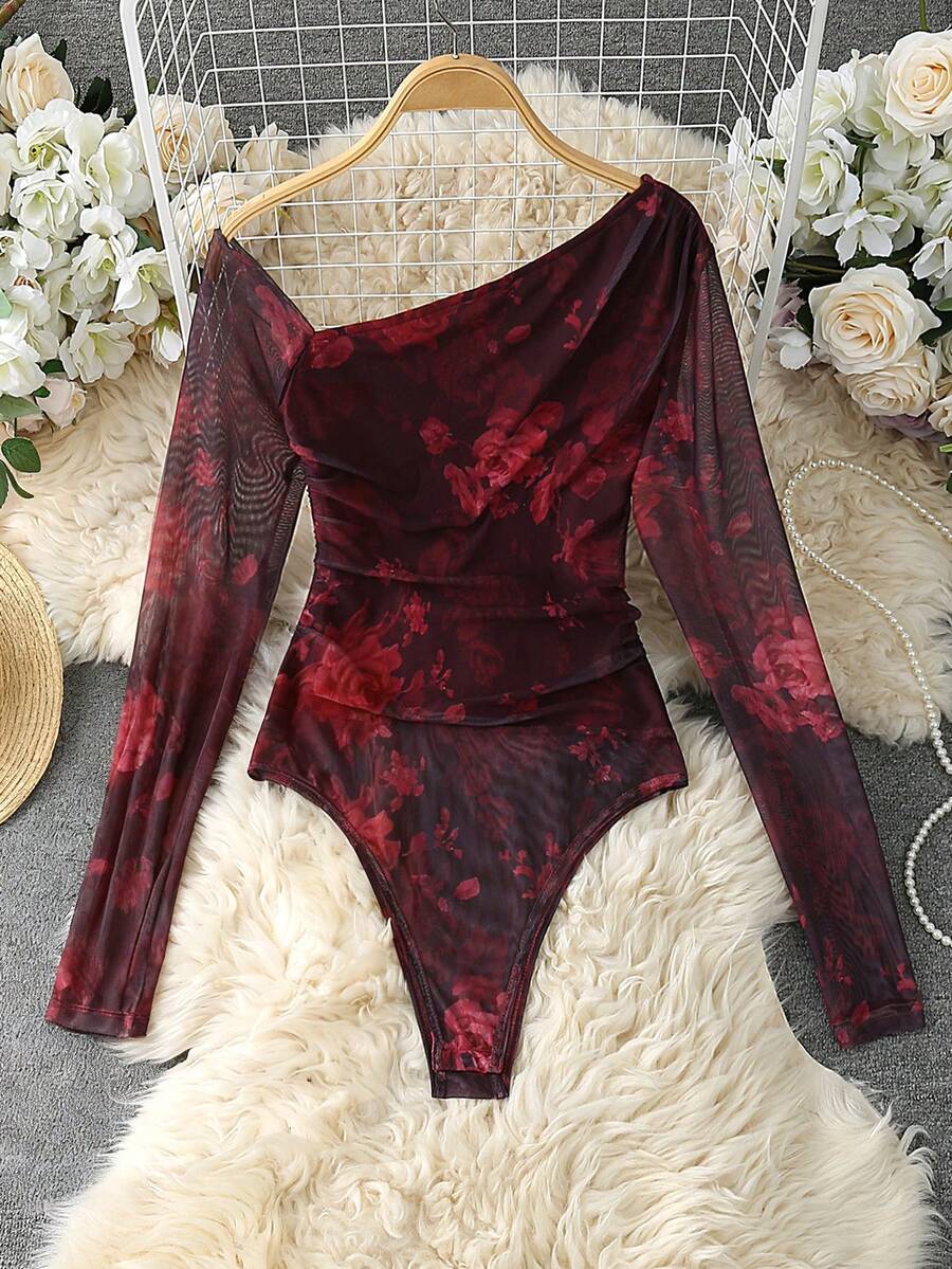 GlowEve CURVE Áo liền thân tay dài trễ vai in họa tiết lưới thời trang nữ - Đỏ - Xem 1