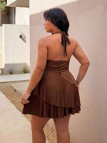 Rustia Plus Size Women's Brown Spaghetti Strap Sleeveless Off Shoulder Plunging Neck Cinched Waist Fitted Short Backless Sexy Summer Dress - Brown - View 2