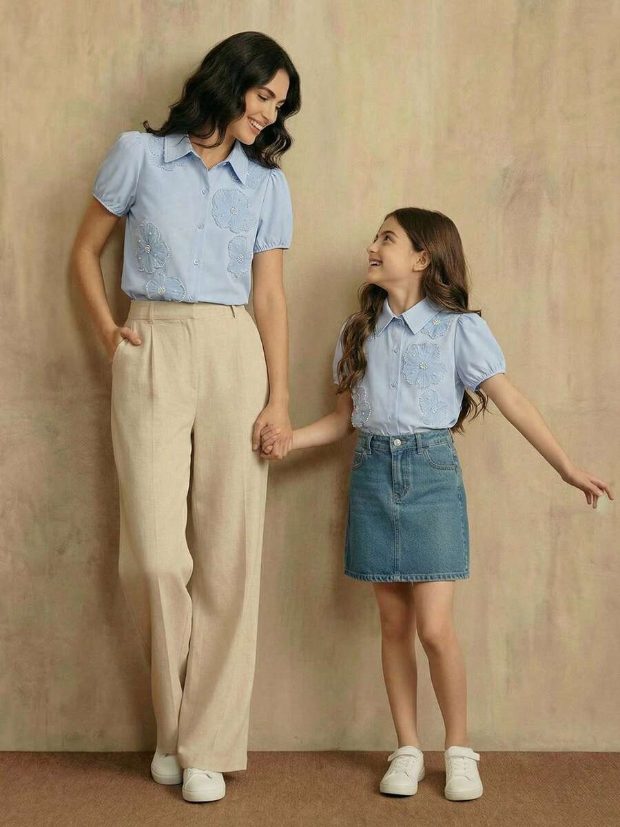 SHEIN Tween Girls' Elegant Vacation Chiffon Pearl Applique Petal Sleeve Blouse, Summer - Blue - View 1