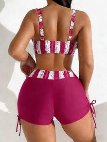 Swim Lushoire 女士成熟魅力海滩度假印花比基尼套装 - 玫紅色 - 查看 2