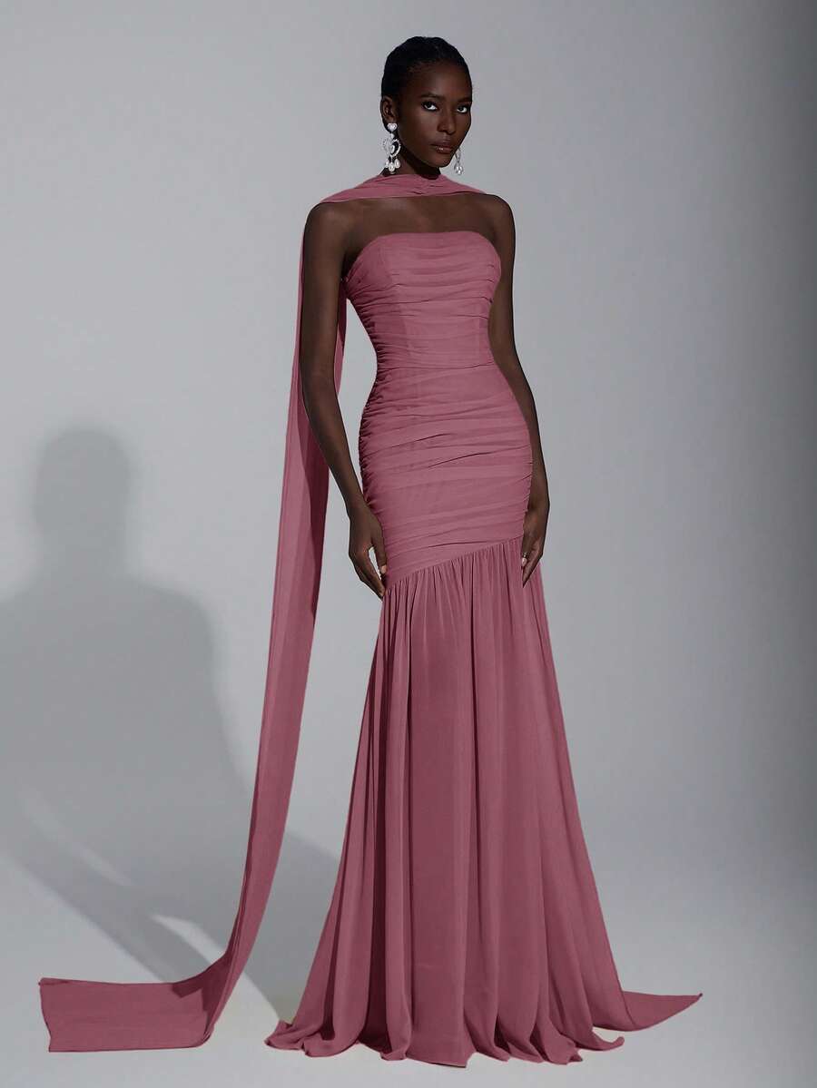 Elegant Pink Minimalist Chiffon Halter Neck (Detachable Sequins) Ruched Bust Sheer Fishtail Hem Dress, Suitable For Dates, Vacation, Weddings, Bridesmaid Events - Dusty Pink - View 1