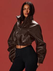 Denimoi High Neck Cinched Waist Zip Front Faux Leather Jacket Cropped Jacket Fashion Streetwear - Brown - View 3