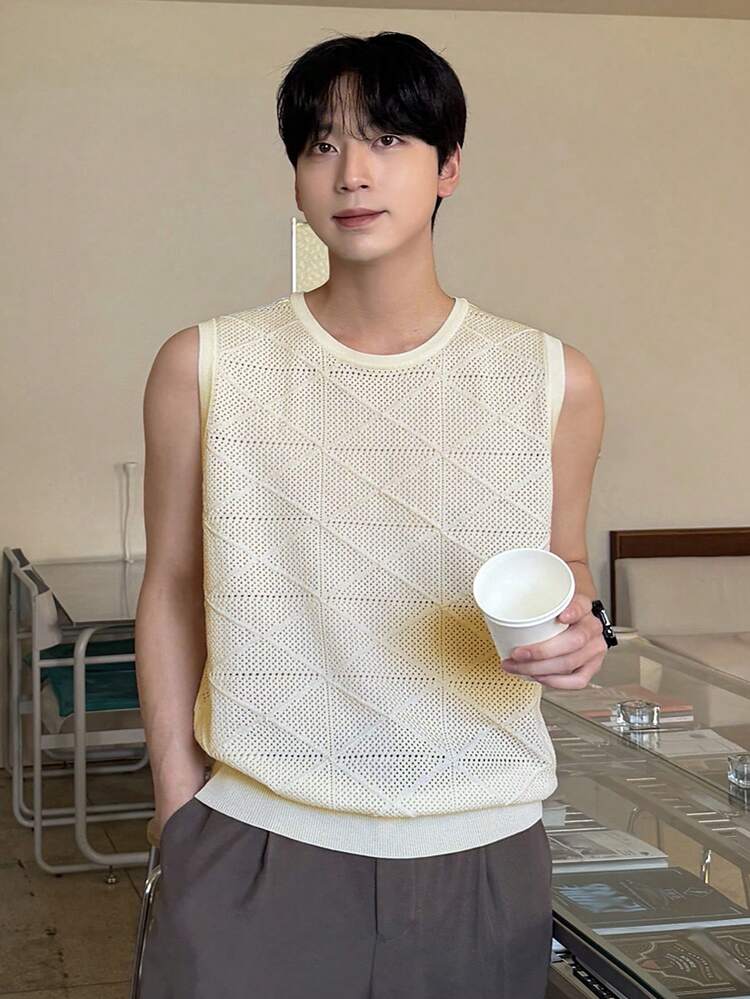 Men's Textured Apricot Round Neck Knit Vest, Summer