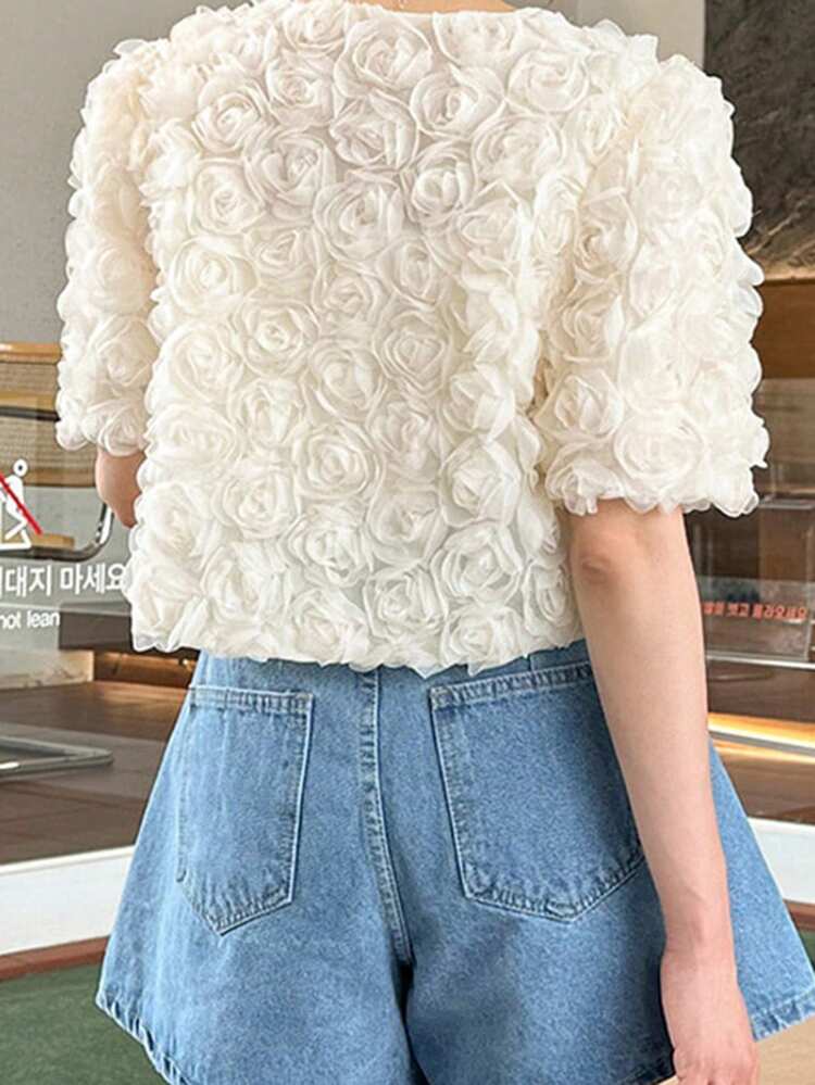 Women's Elegant French Style 3D Rose Flower Tie Front Short Sleeve Blouse