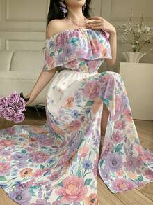 DAZY Off-Shoulder Ruffle Hem Dress, Women's New Waist-Cinching Slimming Floral Chiffon Dress, Elegant Vacation Dress - Multicolor - View 6