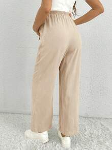 SHEIN Quần ống rộng màu trơn thắt eo đơn giản cho bà bầu - Màu be - Xem 2