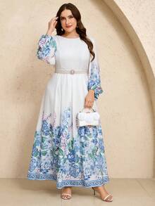 Veilorie 加大码女式优雅浪漫花卉印花圆领阿拉伯风格长裙 - 彩色 - 查看 6