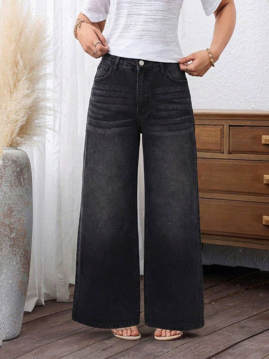 SHEIN PETITE 女士纯色斜插口袋休闲百搭阔腿牛仔裤 - 黑色 - 查看 1