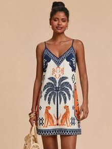 Travachic Women Boho Tropical Print Sleeveless Mini Tunic Dress With Spaghetti Strap Neckline And Wrap Details - Multicolor - View 3