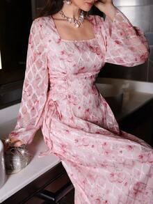 Yasmyna 女士春夏粉色提花长袖方领系腰A字优雅浪漫阿拉伯连衣裙 - 粉色 - 查看 1