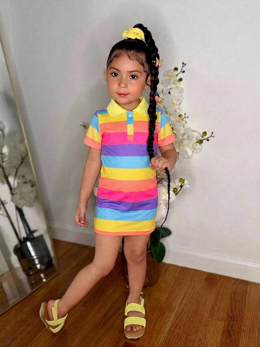 SHEIN 女婴休闲彩色条纹针织弹力polo衫连衣裙,夏季 - 彩色 - 查看 1