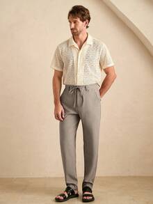 Core Aspect Celana Panjang Pria Kasual Serbaguna Warna Abu-abu Model Tapered, Celana Linen Bertekstur dengan Tali Serut di Pinggang untuk Musim Gugur, Celana Kasual Bergaya untuk Liburan - Coklat - View 6
