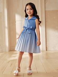 SHEIN A-Line Pleated Ombre Collar Young Girls Dress - Blue - View 4