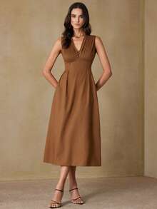 Aveloria EMERY ROSE Đầm xòe dáng suông sang trọng, tối giản, chất liệu giả lanh cao cấp, cổ chữ V, xếp ly eo, tôn dáng, dành cho nữ, kiểu Pháp thanh lịch. - màu nâu - Xem 2