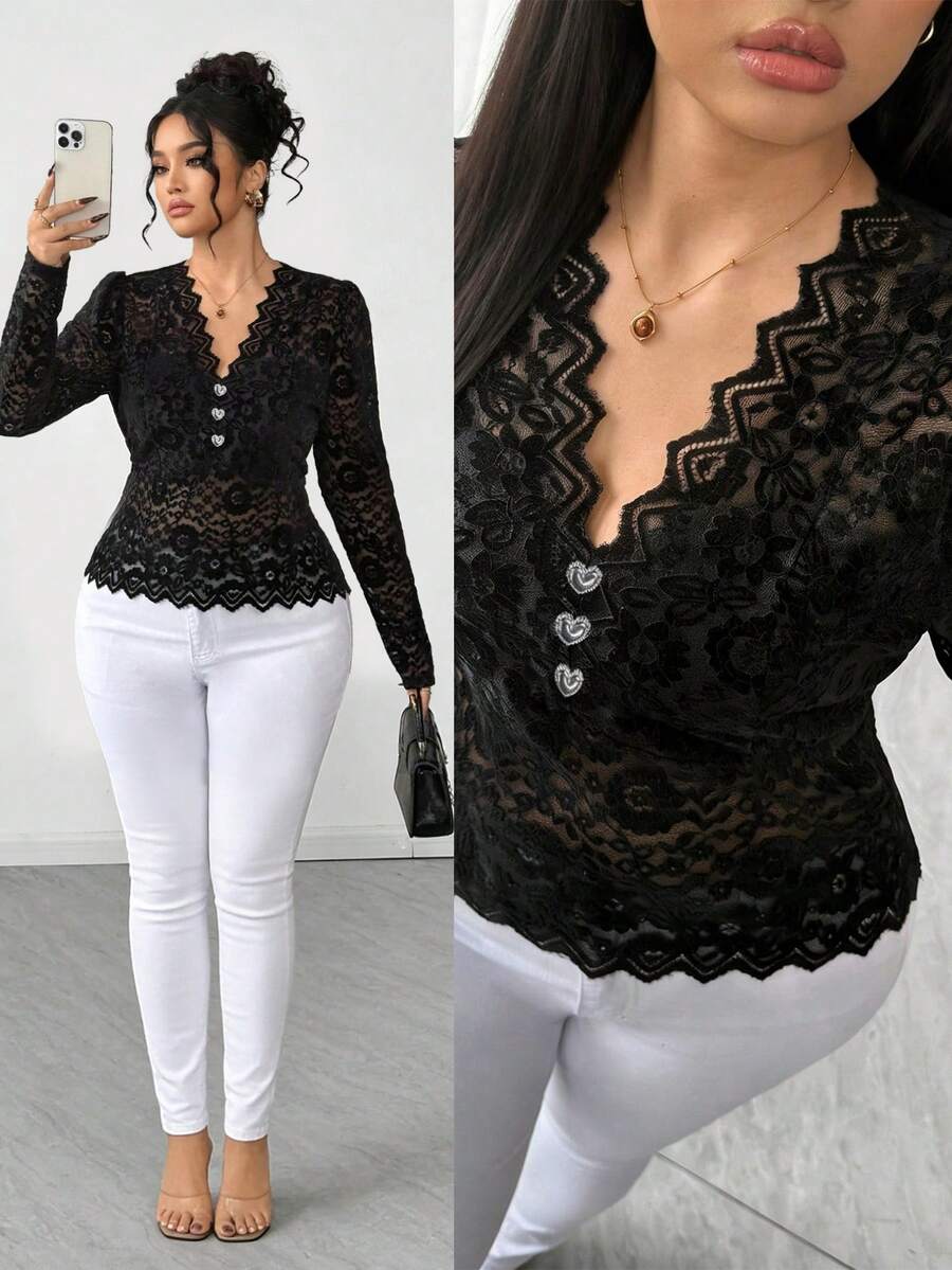Elenzga Plus Size Lace Trim Heart Button Fitted Blouse Black Lace Shirt Black See Through Top Lace Long Sleeve Top Lace Shirts Lace Top Long Sleeve Lace Tops For Women - Black - View 1