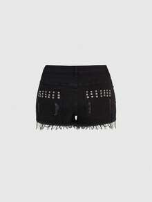 ROMWE J-Fashion Quần short denim nữ dáng ôm, rách rưới, đính ngọc trai, phong cách vintage Y2K. - màu đen - Xem 2