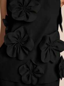 Amorya Women's New Fashionable Elegant Romantic 3D Floral Top & Wide Leg Pants 2 Pieces Set Ruffle Pants Black Tops Elegant Structured Top Black Wide Leg Pants Women - Black - View 7